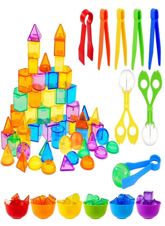 Bbiamsleep 76 Pcs Counting 3D Geometric Solids Colorful Plastic Geometric Shape Light Table Manipulative Counting Sorting Sensory Bin Filler Fine Motor Skills for Light Table Sorting Counting Training - Image 1